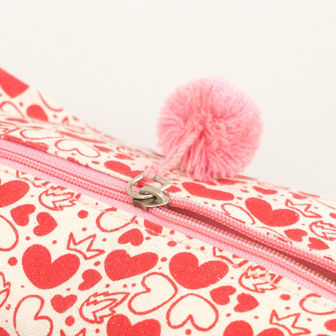 Red Heart Print Fluffy Pouch with Pom Pom, View 3