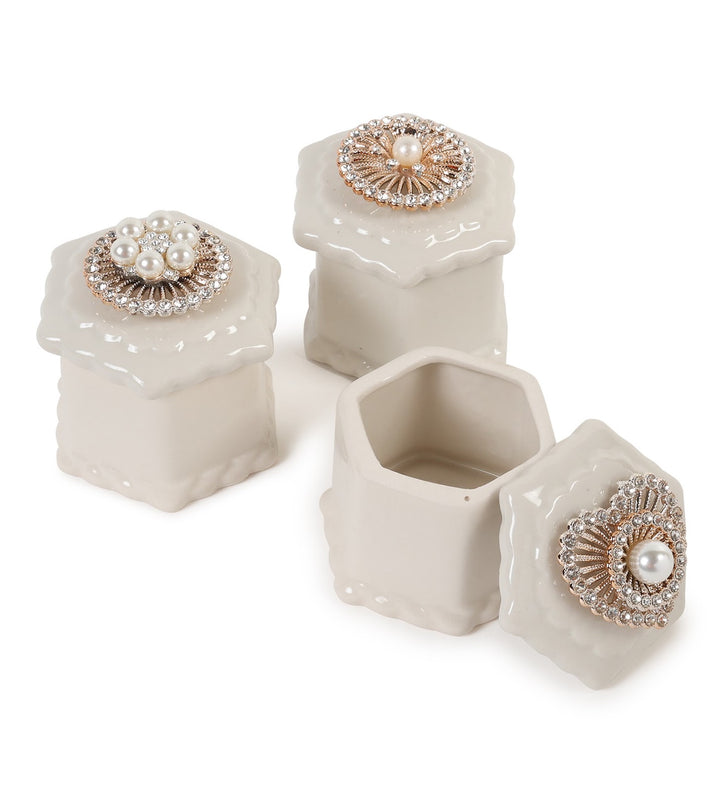 Medallion Jewelled White Porcelain Trinket Box Set view 6