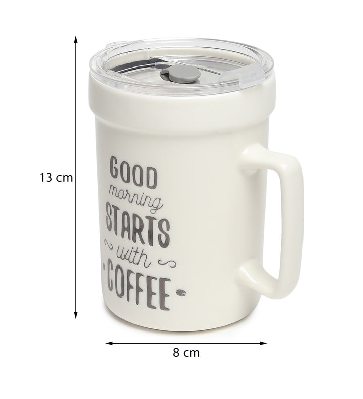 Percy White Ceramic Coffee Mug with Cafe Inscription Good Things Start With Coffee view 3