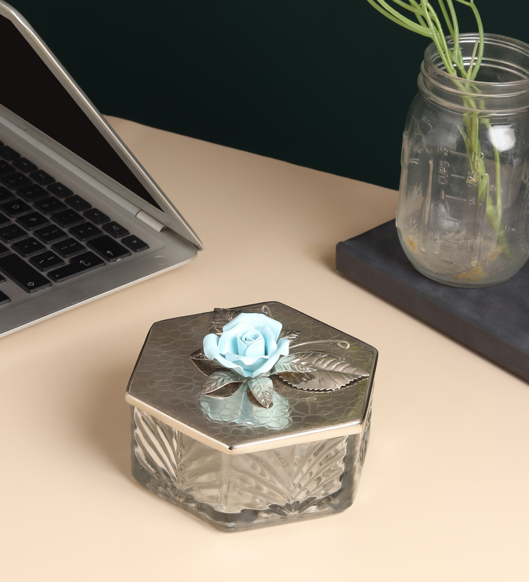 Petal Eclat Hexagon Trinket Box with Floral Bloom Accent Blue view 1