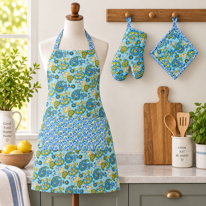 Hand Block Cotton Kitchen Apron Set, Paisley Blue, view 9