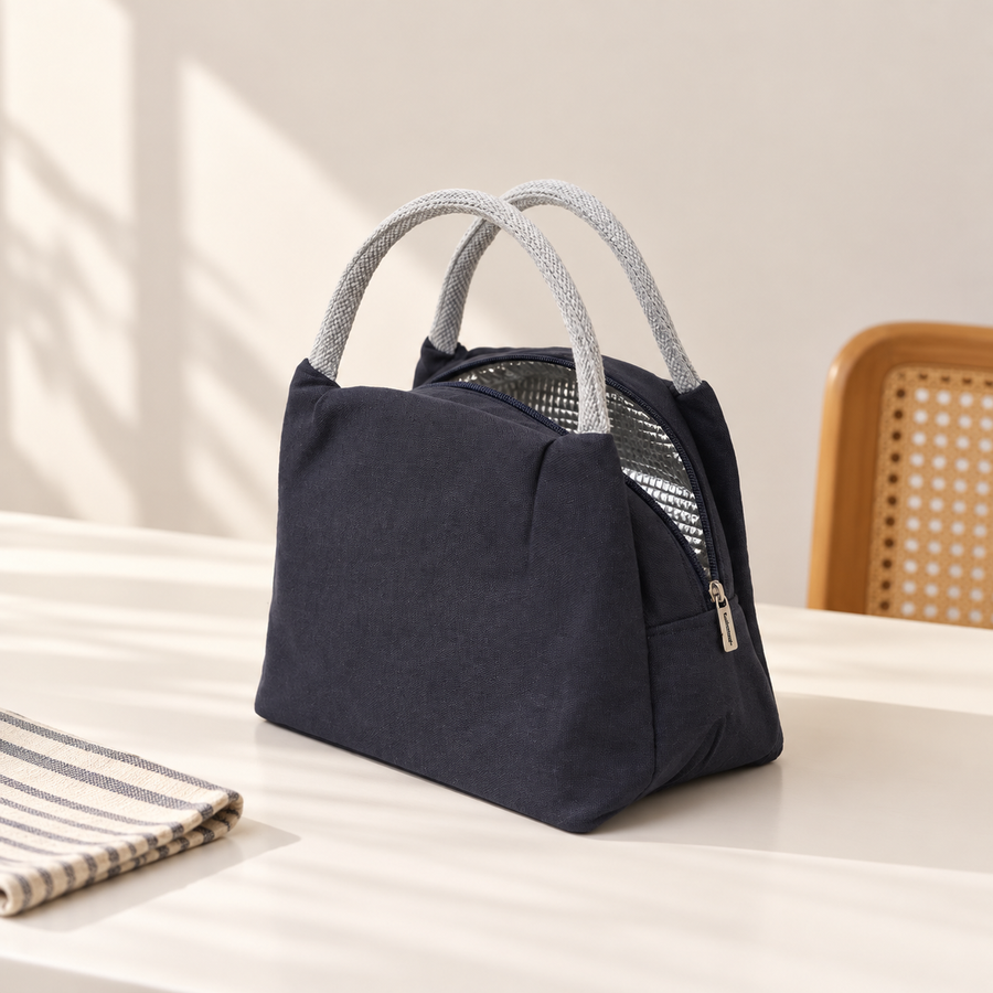 Thermal Insulated Canvas Lunch Tote, Navy Blue, View 6