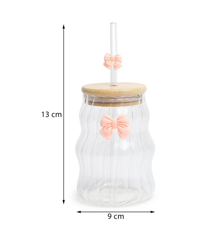 Taffy Wavy Glass Tumbler with Wooden Lid and Straw Pink view 3