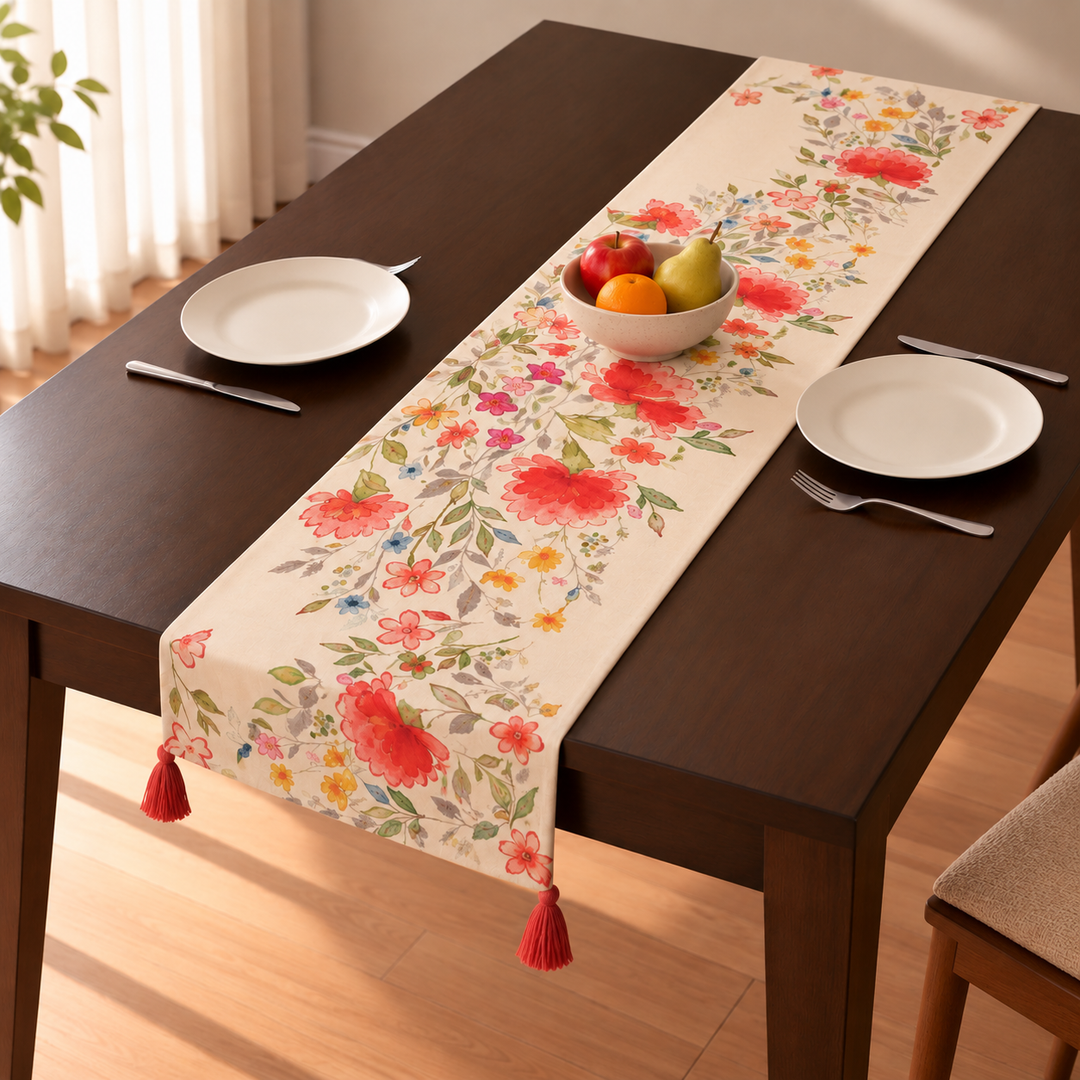 Floral Garden Print Table Runner with Tassels