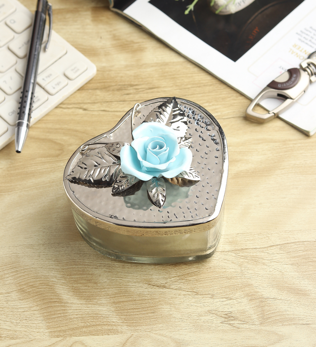 Petal Eclat Heart Shaped Trinket Box with Floral Accent Blue view 1