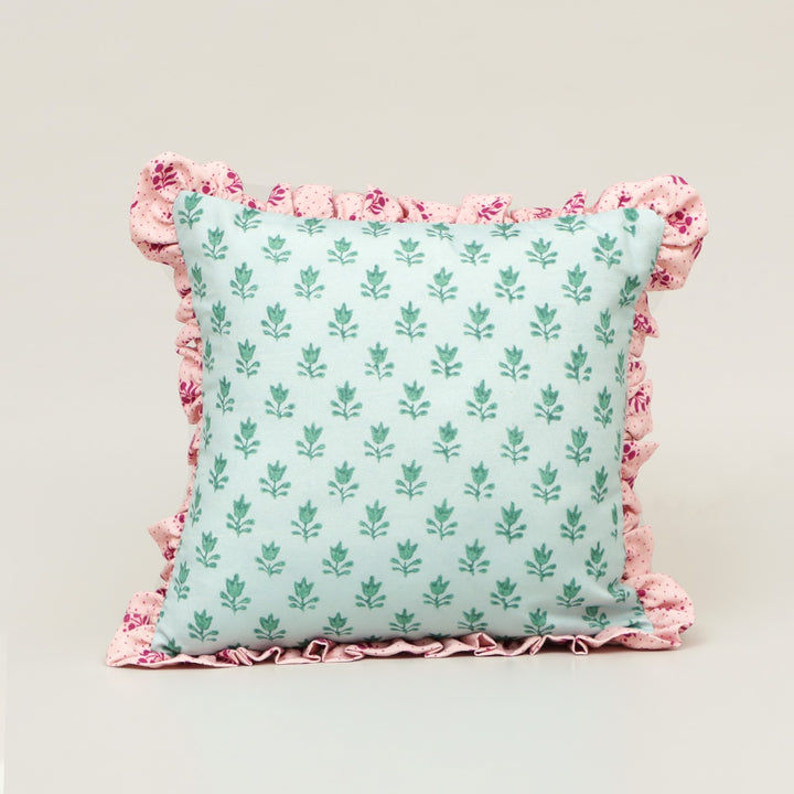 Mint Blossom Ruffle Cotton Cushion in mint and pink