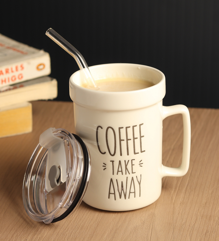 Percy White Ceramic Coffee Mug with Cafe Inscription Coffee Take Away view 2