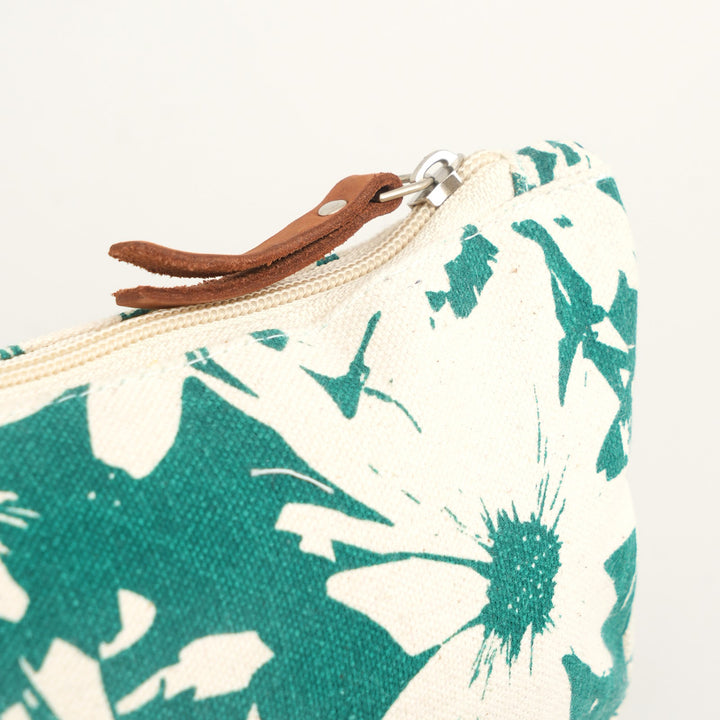 Teal Floral Print Canvas Zipper Pouch, View 3