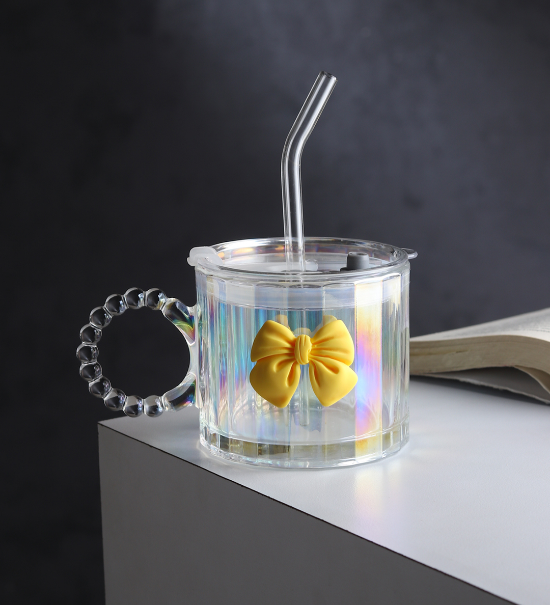 Colette Ribbed Glass Tumbler with Bow, Lid and Straw Yellow view 1