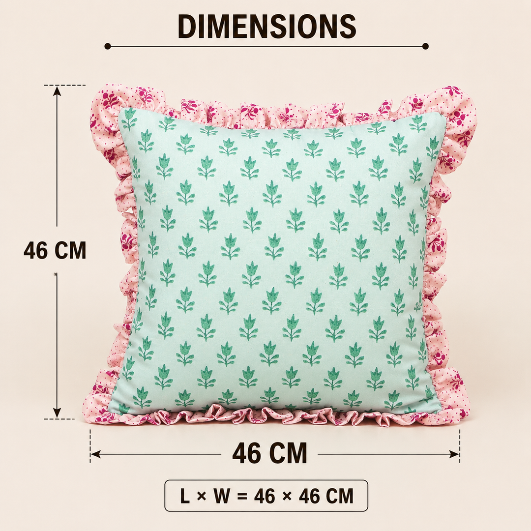 Mint Blossom Ruffle Cotton Cushion in mint and pink