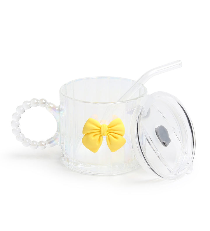 Colette Ribbed Glass Tumbler with Bow, Lid and Straw Yellow view 6