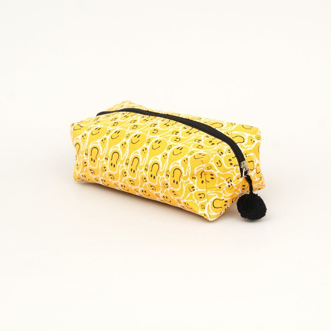 Yellow Swirl Print Fluffy Pouch with Pom Pom, View 2