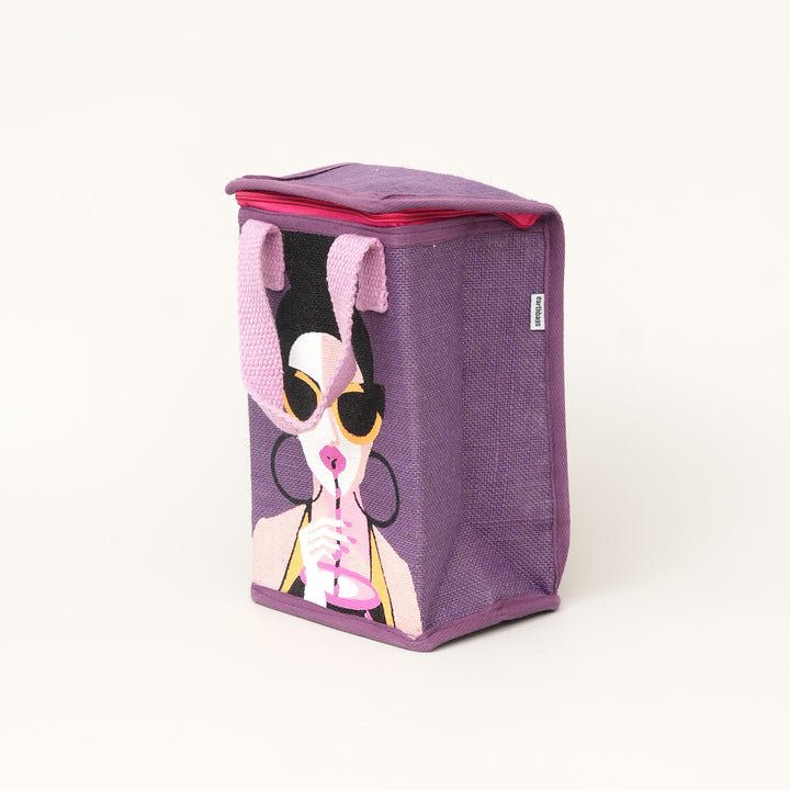 Insulated Jute Lunch Bag, Fashion Girl Print, View 3