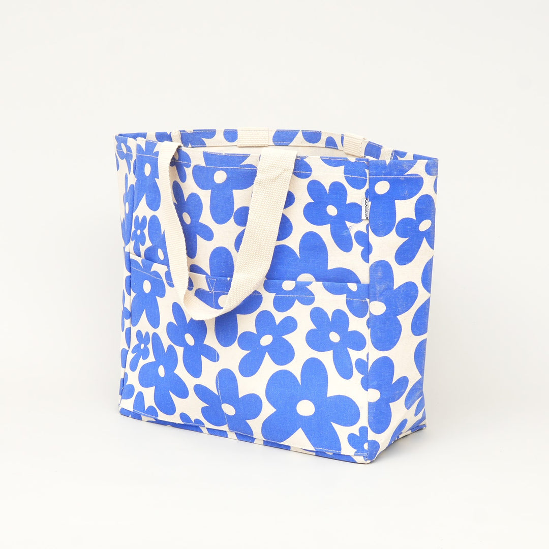 Blue Floral Print Canvas Tote Bag, View 4