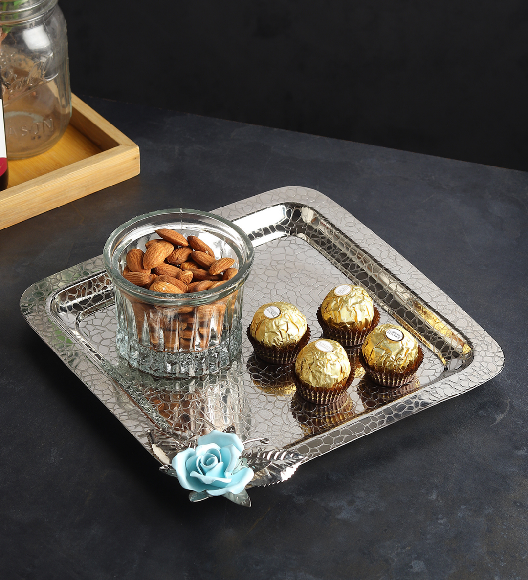 Petal Eclat Square Stainless Steel Serving Tray Blue view 1