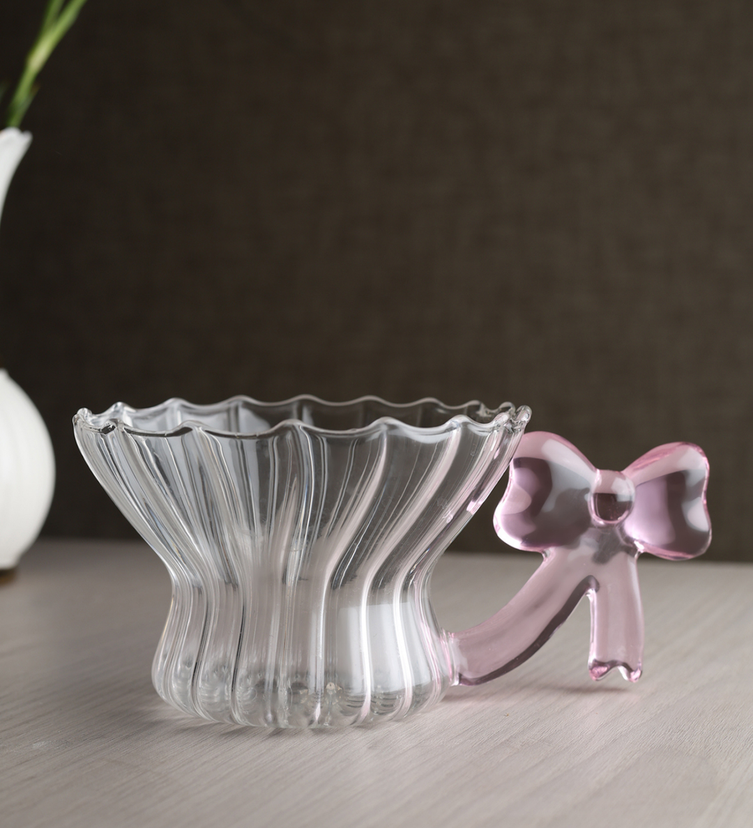 Cleo Spiral Glass Cup with Pink Bow Handle view 1