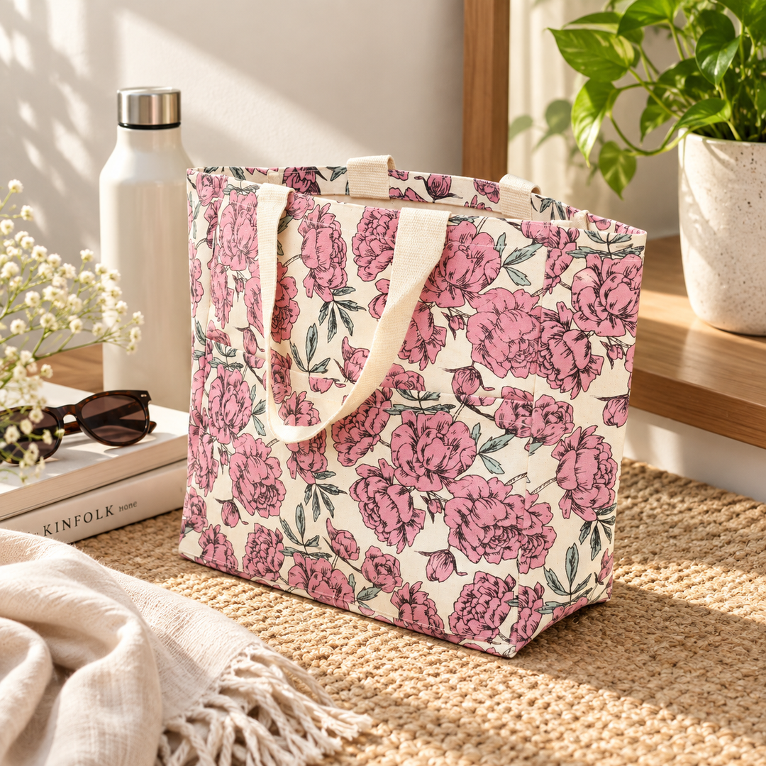 Pink Rose Print Canvas Tote Bag, View 6