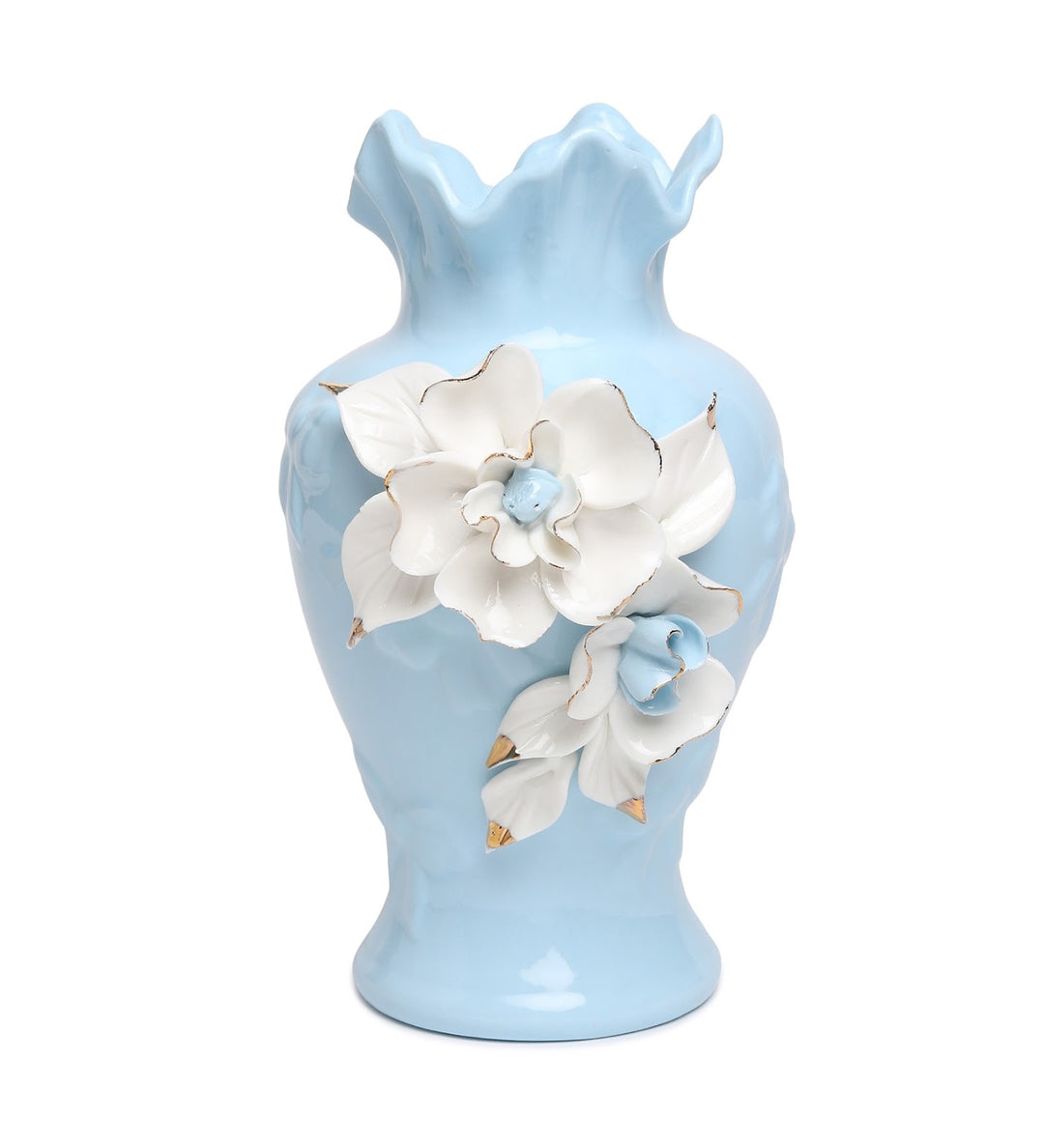 Elodie Fleur Ruffled Rim Porcelain Vase with Gold Detail Blue view 4