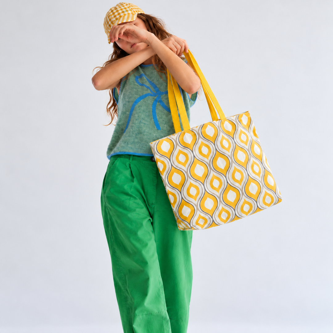 Yellow Geometric Print Jute Carry Bag, View 6