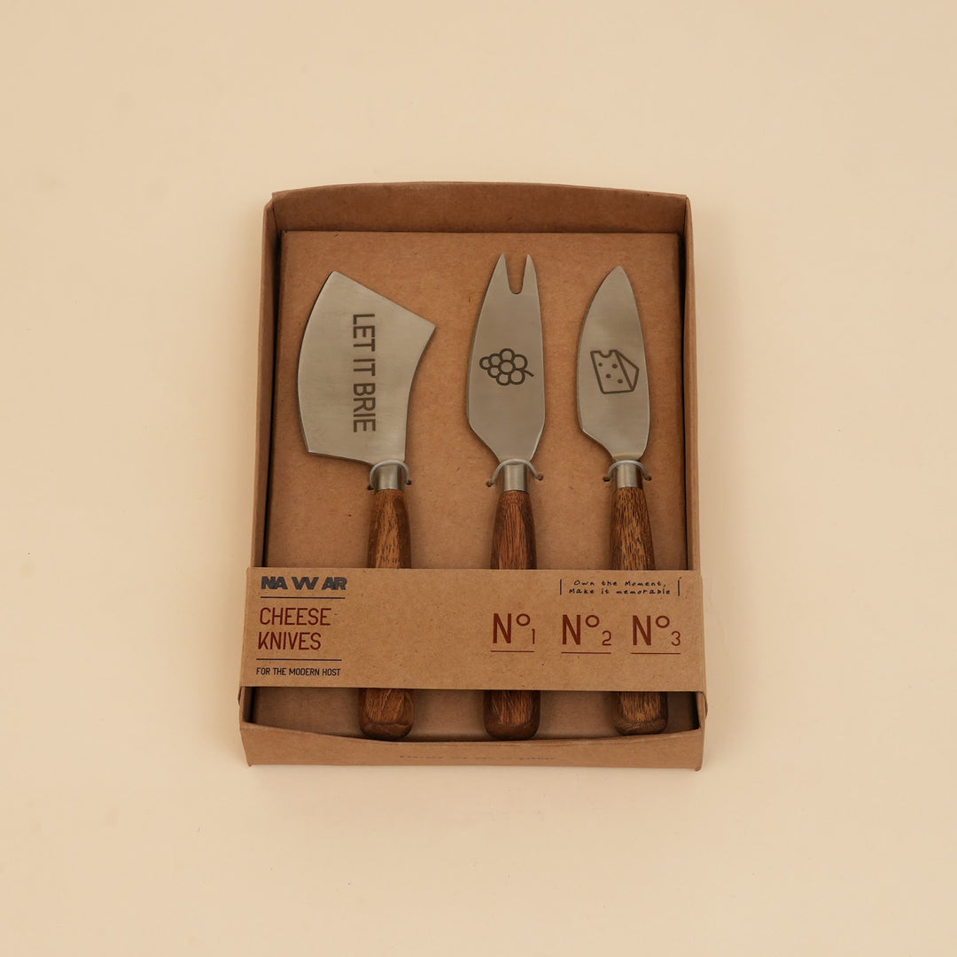 Etched steel and wood cheese knife set