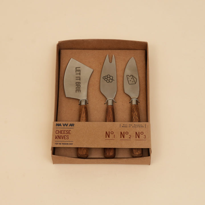 Etched steel and wood cheese knife set