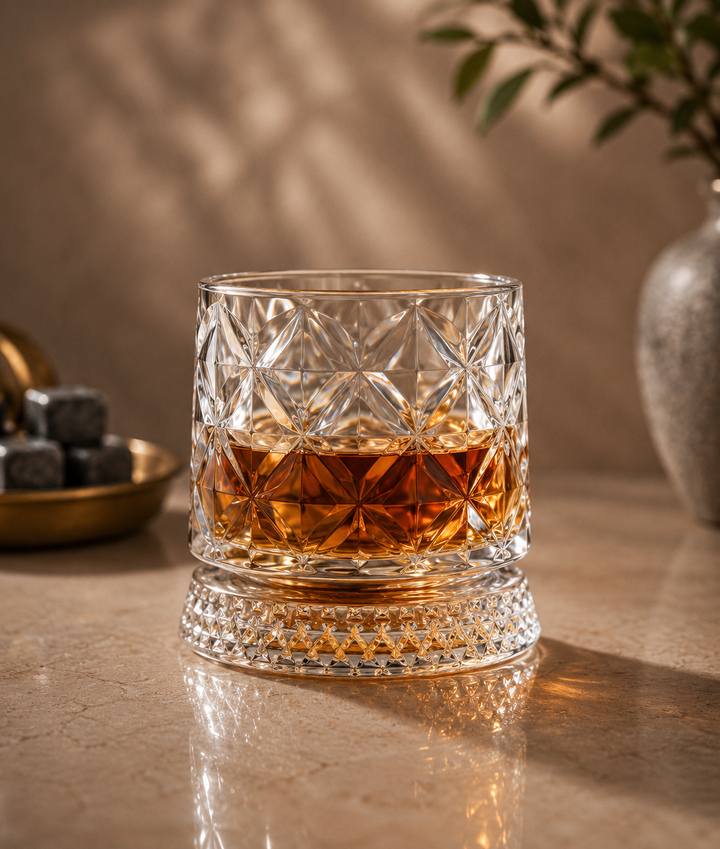 Rotating Whiskey Glass with LED Base, Diamond Cut Style 1 in crystal glass, 250 ml