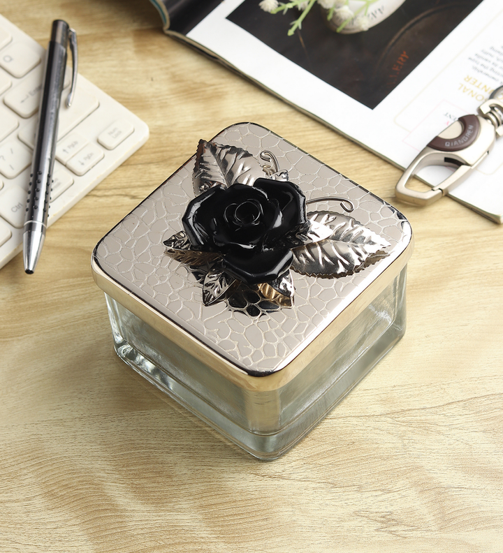 Petal Eclat Square Storage Box with Floral Bloom Accent Black view 1