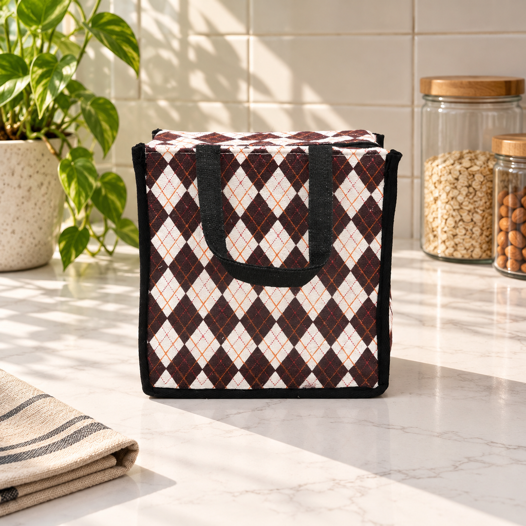 Express Jute Lunch Bag, Diamond Print, View 2