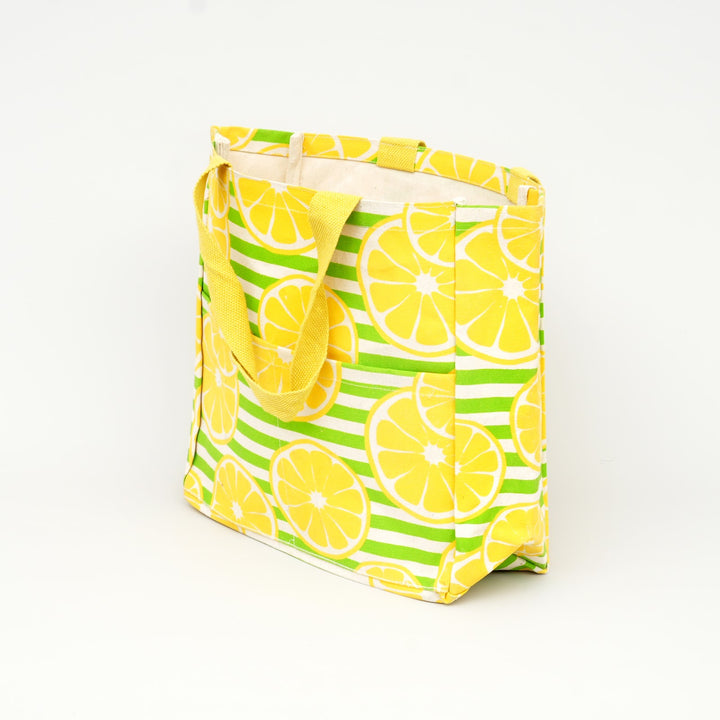 Lemon Print Striped Canvas Tote Bag, View 3