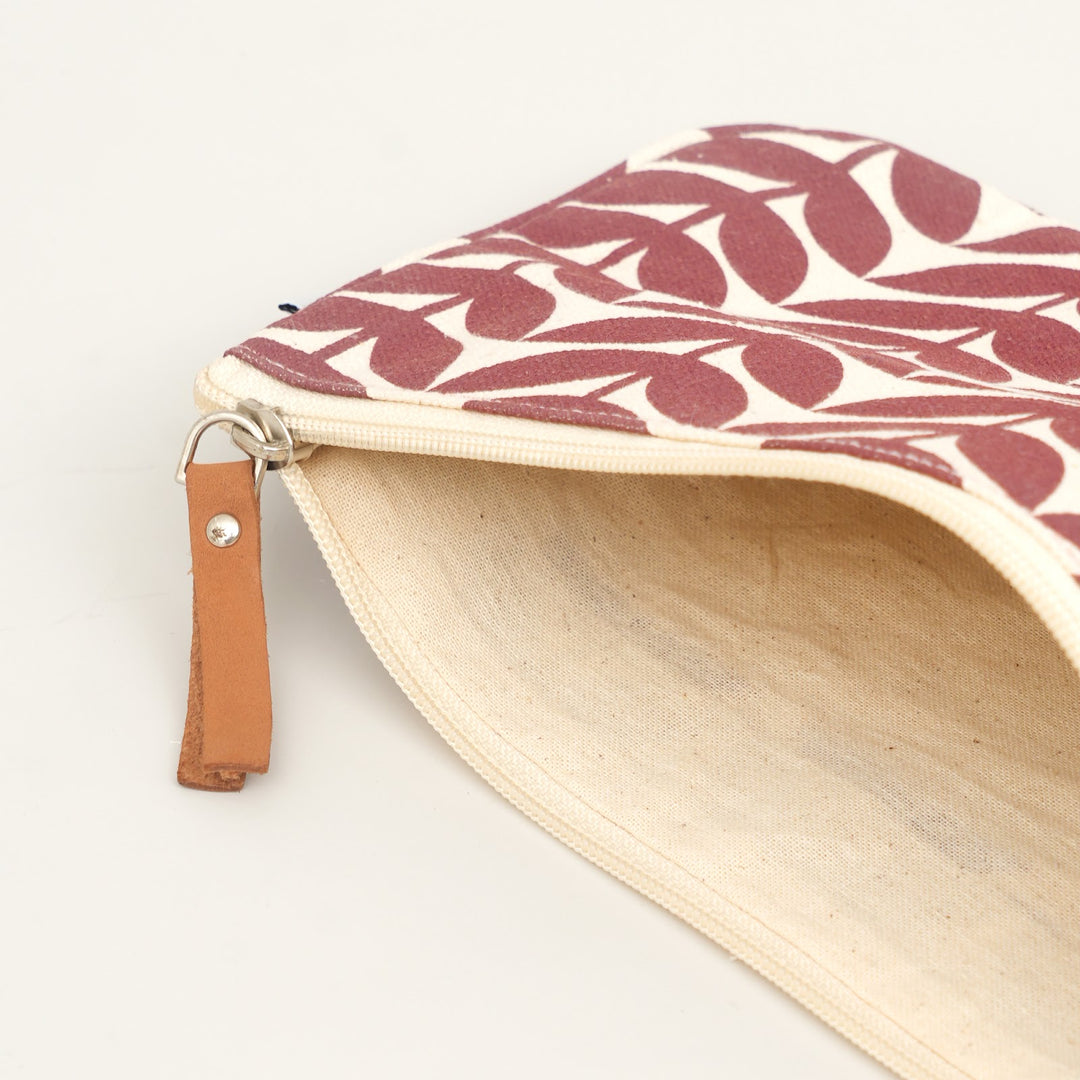 Burgundy Leaf Print Canvas Zipper Pouch, View 5