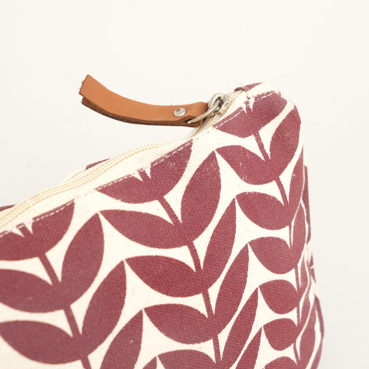 Burgundy Leaf Print Canvas Zipper Pouch, View 4