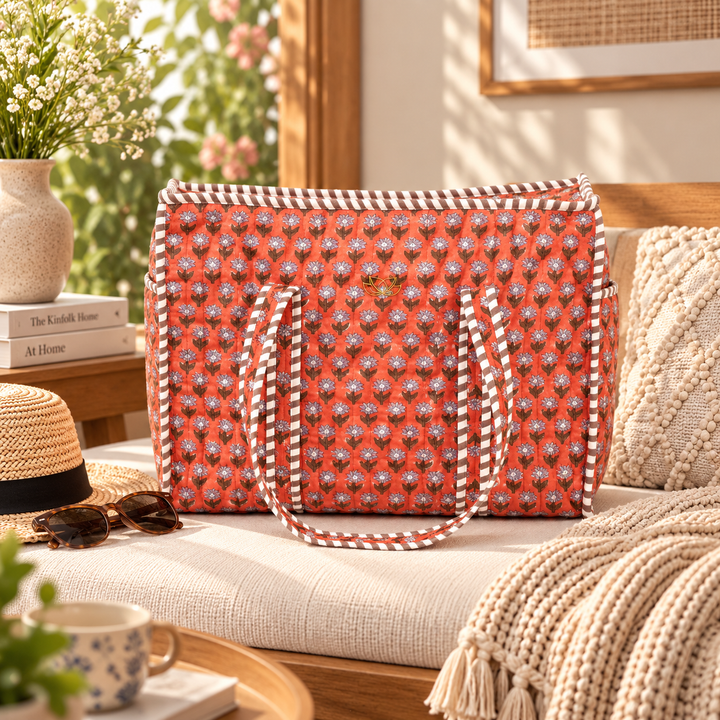 Quilted Cotton Floral Tote Bag, Peach, view 5