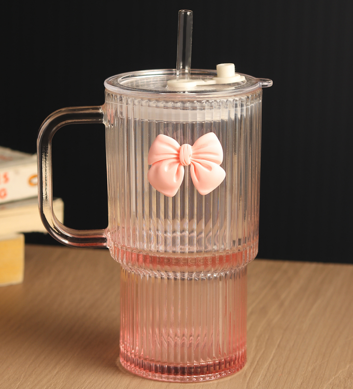 Ribbonette Fluted Glass Tumbler with Ribbon Detail Pink view 1