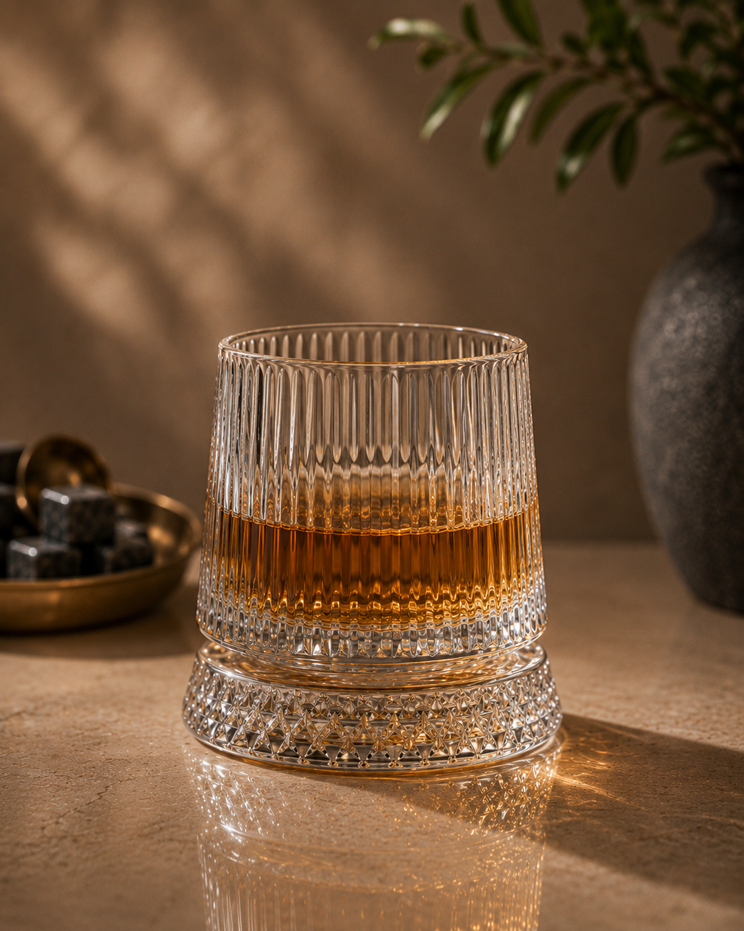 Rotating Whiskey Glass with LED Base, Ribbed in crystal glass, 250 ml