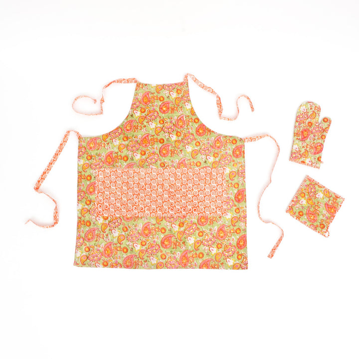 Hand Block Cotton Kitchen Apron Set, Paisley Multi