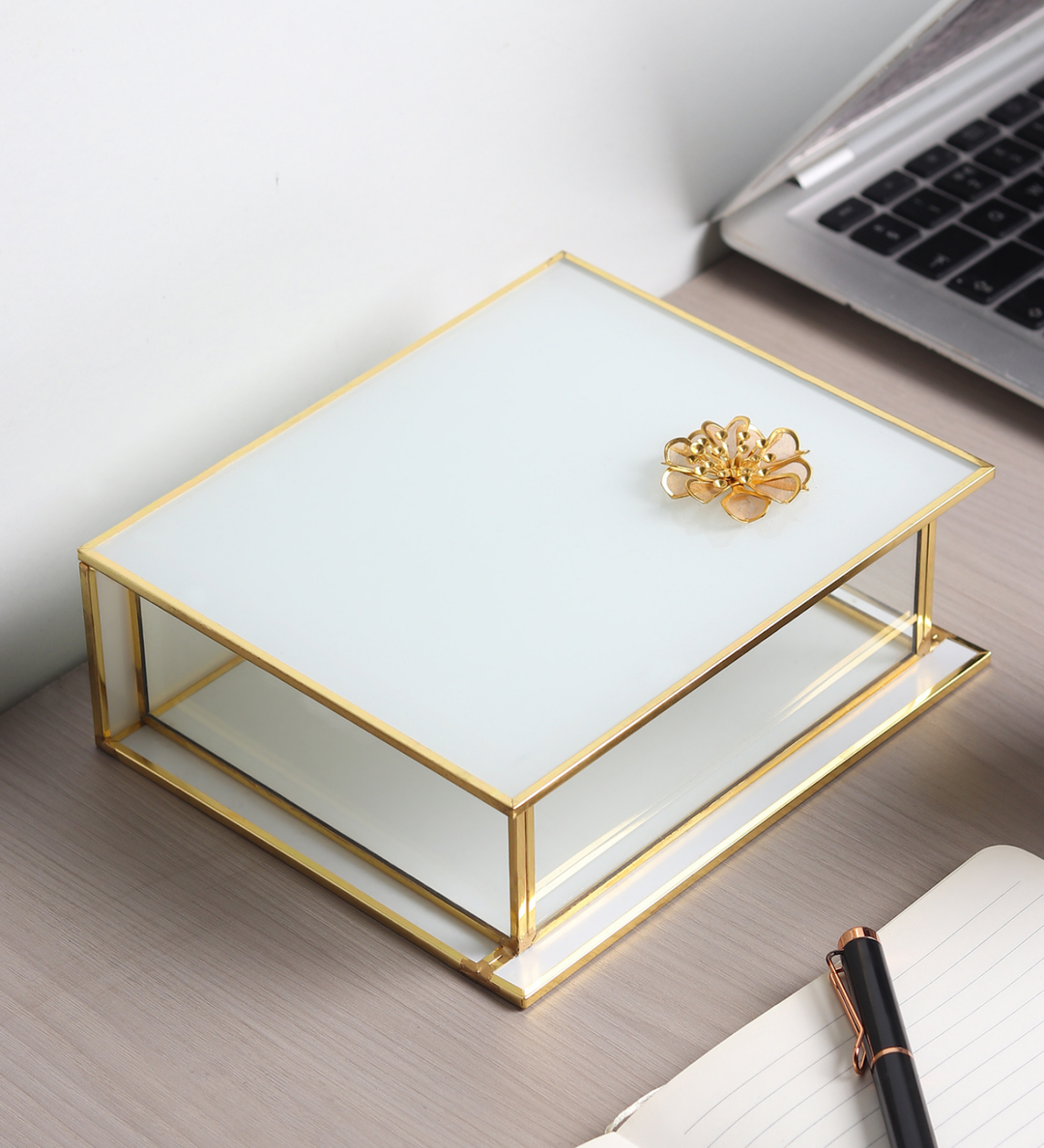 Livia's Flower White Glass Jewellery Box with Metal Frame Medium view 1