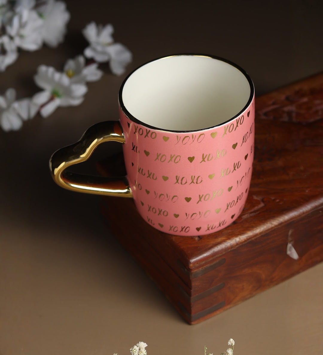 Love Quote Ceramic Coffee Mug with Gold Heart Handle Sweetie XOXO Pink view 2