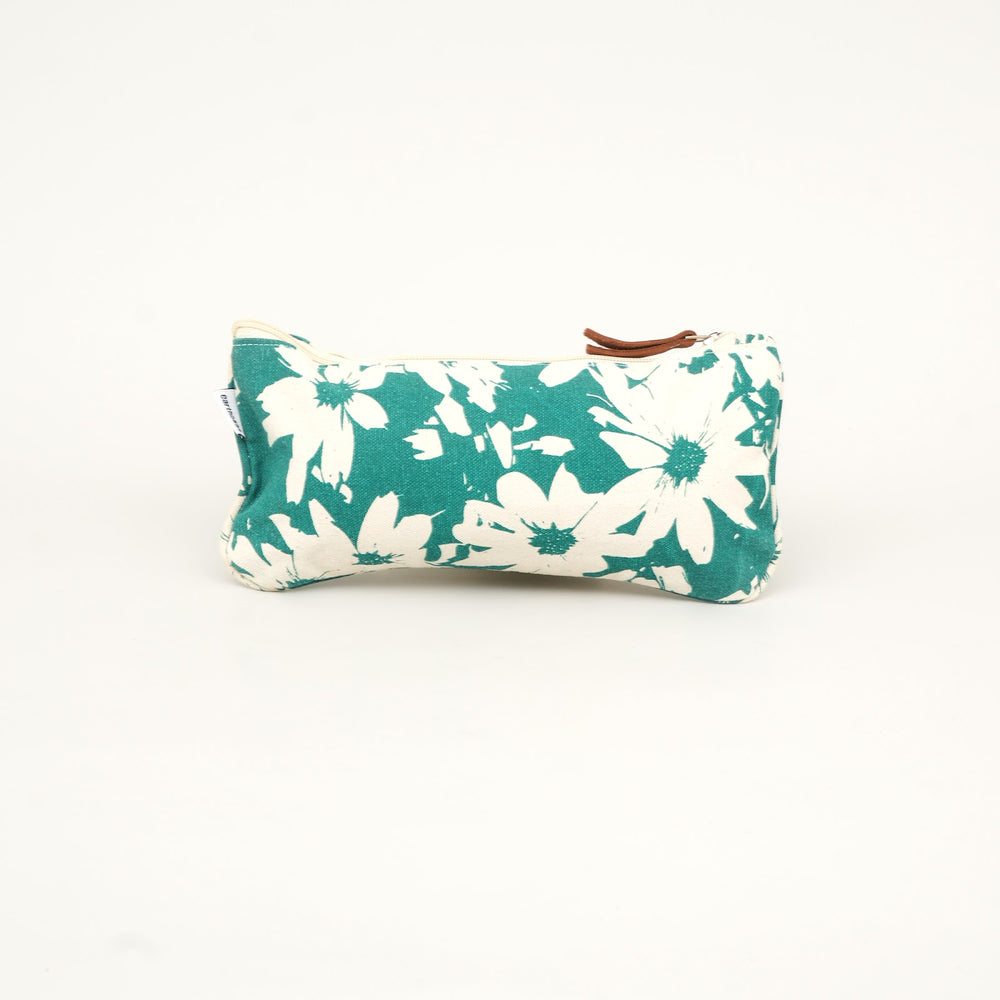 Teal Floral Print Canvas Zipper Pouch