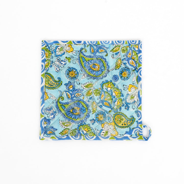 Hand Block Cotton Kitchen Apron Set, Paisley Blue, view 5