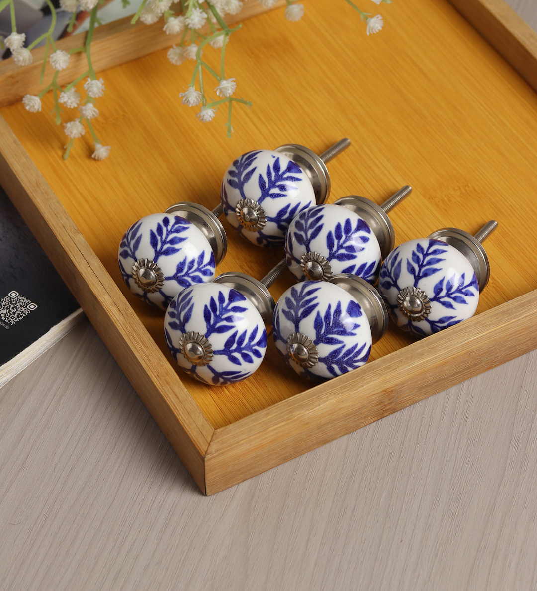 Ink Petal Blue Floral Ceramic Cabinet Knobs Set of 6 view 1
