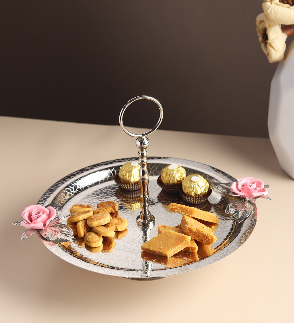 Petal Eclat Stainless Steel Cake Stand with Floral Accent Pink view 2