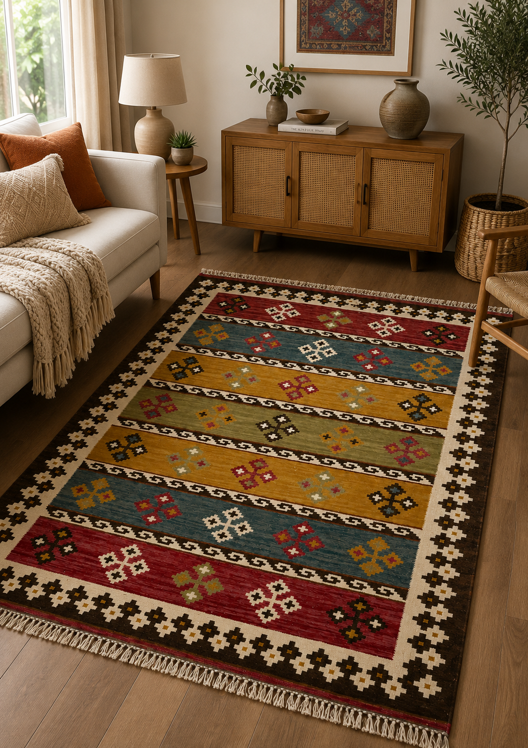 Red Tribal Handwoven Wool Kilim Rug