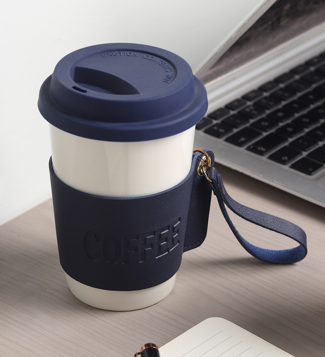 Brewster Ceramic Coffee Tumbler with Leather Wrap Blue view 1