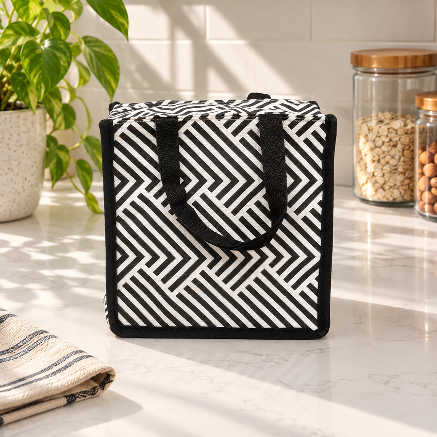 Express Jute Lunch Bag, Herringbone Print, View 5