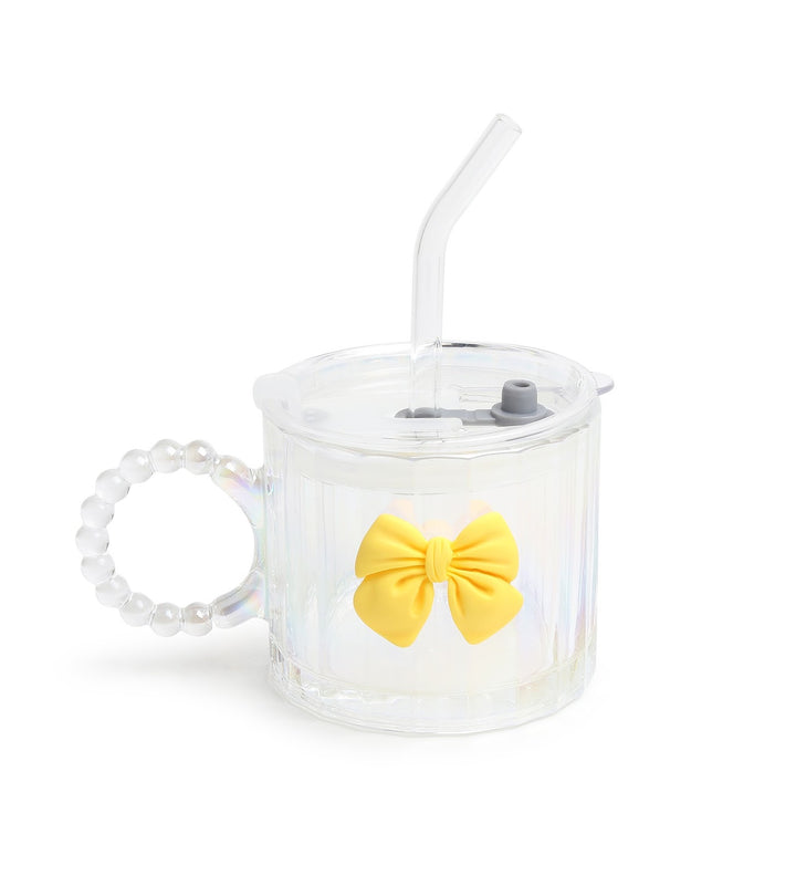 Colette Ribbed Glass Tumbler with Bow, Lid and Straw Yellow view 4