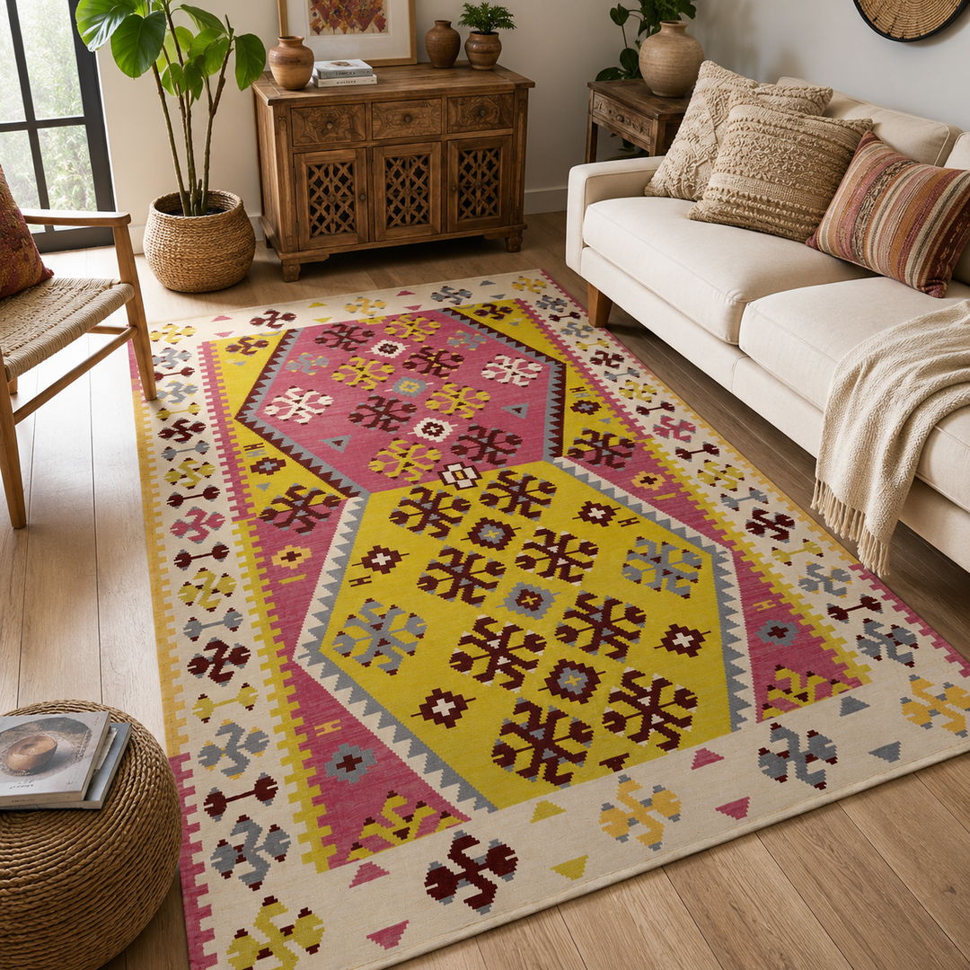 Ivory Banded Handwoven Wool Kilim Rug
