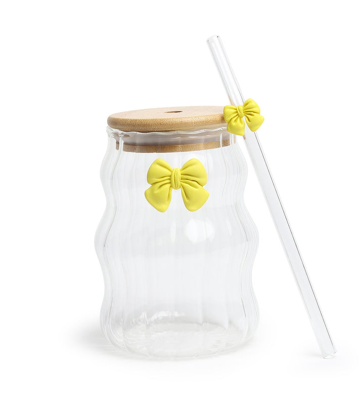 Taffy Wavy Glass Tumbler with Wooden Lid and Straw Yellow view 6