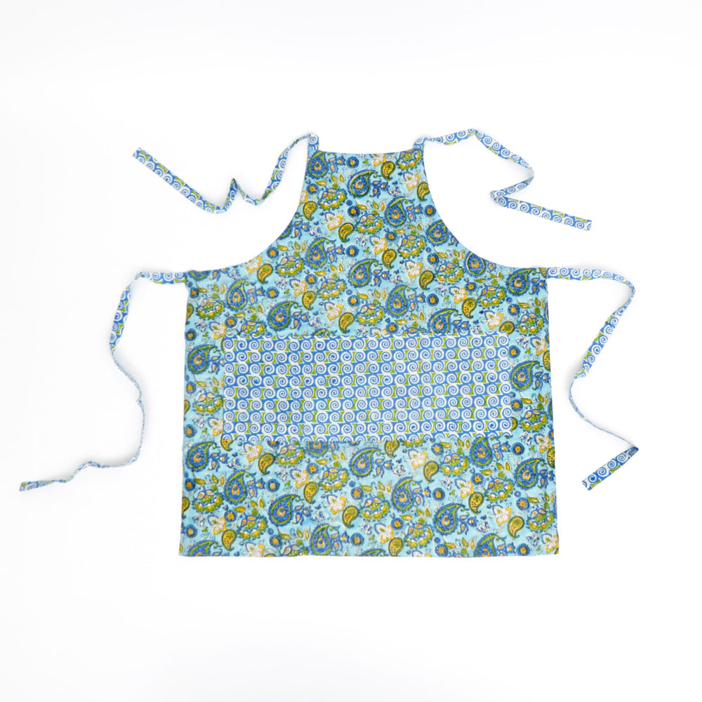 Hand Block Cotton Kitchen Apron Set, Paisley Blue, view 2