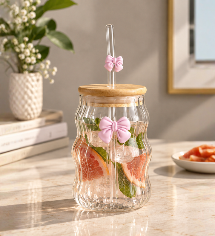 Taffy Wavy Glass Tumbler with Wooden Lid and Straw Purple view 2