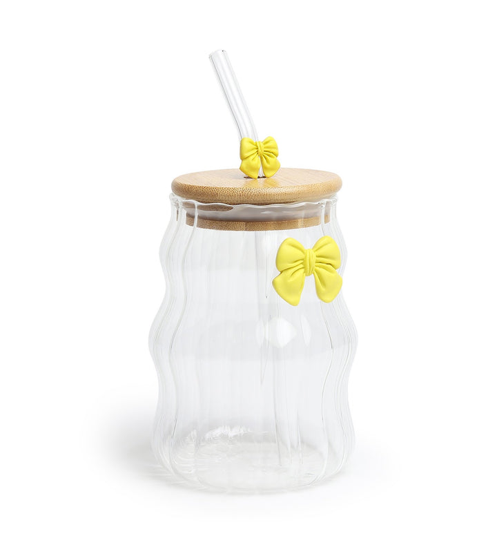 Taffy Wavy Glass Tumbler with Wooden Lid and Straw Yellow view 5